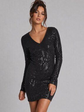 Vintage Gray Sequin Dress Mini Party Cocktail Y2K Celeb Style Medium